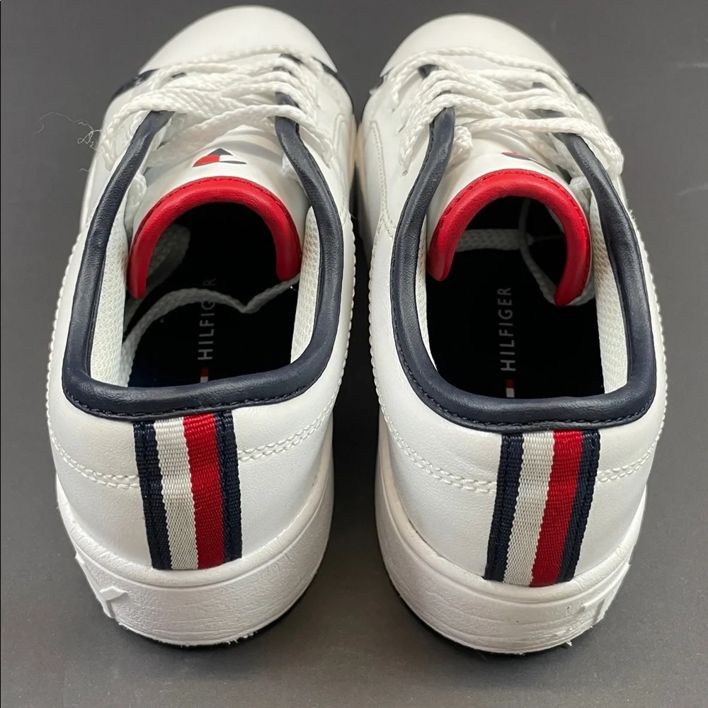 Tommy Hilfiger White Faux Leather Sneakers Youth Size 1 Navy Red Trim
